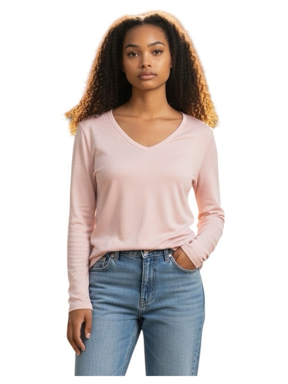 🆕 Michael Stars for Anthropologie Lightweight V-Neck Long Sleeve Top - Pale Pink